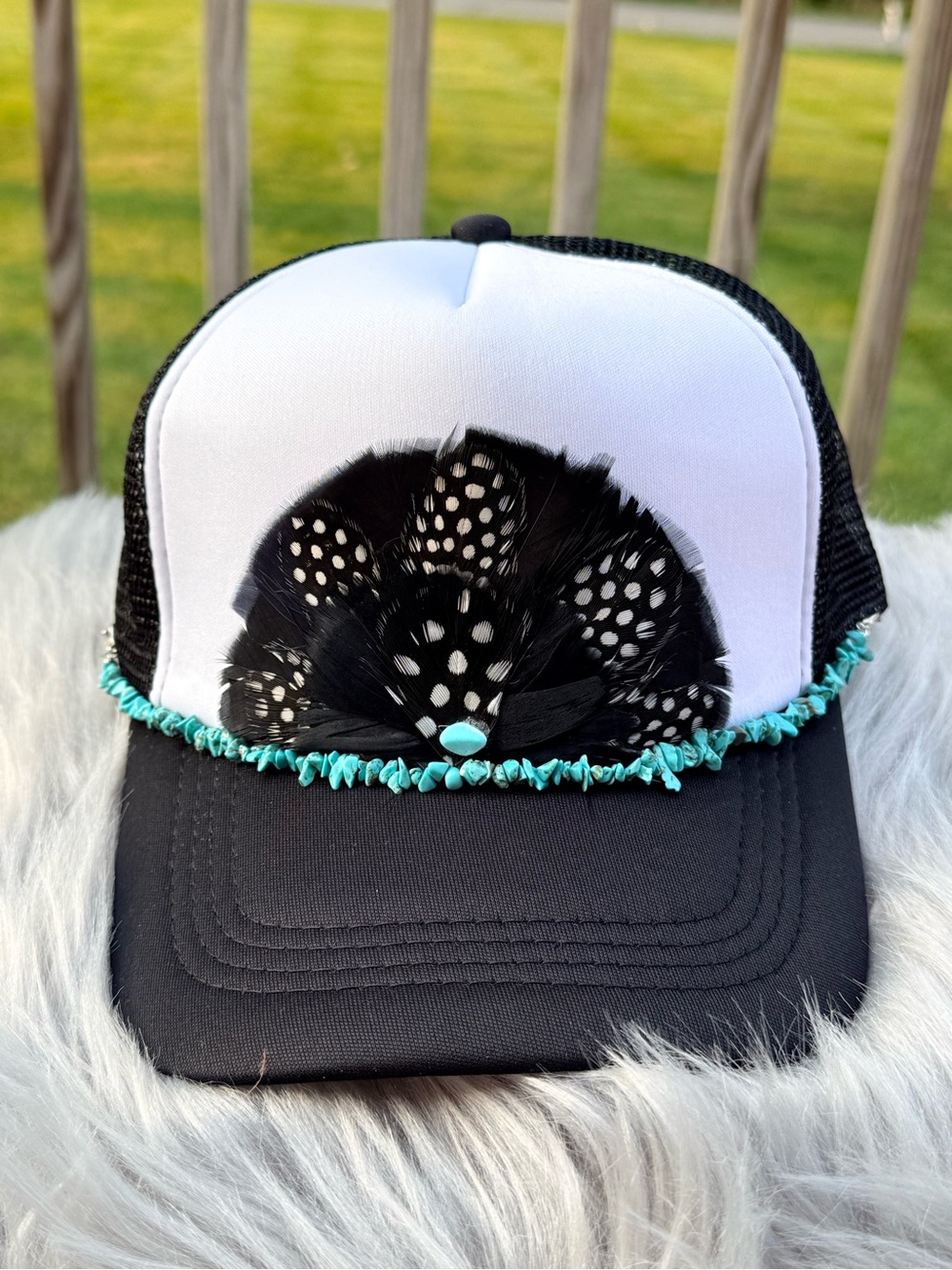 Black & White Feather Trucker Hat with Turquoise Trim